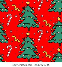 Merry Christmas groovy seamless pattern. Xmas tree, candy, star in a groovy retro cartoon style. Vector illustration for textile, packaging, wallpaper, wrapping paper.