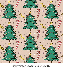 Merry Christmas groovy seamless pattern. Xmas tree, candy, star in a groovy retro cartoon style. Vector illustration for textile, packaging, wallpaper, wrapping paper.