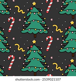 Merry Christmas groovy seamless pattern. Xmas tree, candy, star in a groovy retro cartoon style. Vector illustration for textile, packaging, wallpaper, wrapping paper.