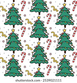 Merry Christmas groovy seamless pattern. Xmas tree, candy, star in a groovy retro cartoon style. Vector illustration for textile, packaging, wallpaper, wrapping paper.