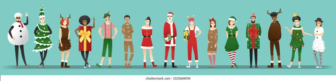 Merry Christmas , group of teens in Christmas costume concept isolated on blue background , vector, illustration