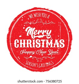 Merry Christmas Grunge Badges/
Illustration of a set of design merry christmas red badges, with happy new year wishes, and grunge textured background
