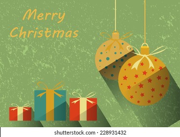 Merry Christmas, grunge vintage design - Christmas balls and gifts