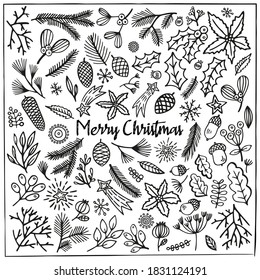 Merry Christmas in hand draw doodle style set. Winter and New Year black outline illustration. Modern design plants for holiday greeting banner, card, gift tag, poster, postcard, label, sticke