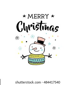 Merry Christmas hand draw greeting cards with snowman
