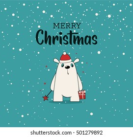 Merry Christmas hand draw greeting cards with bear cartoon. 