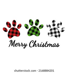 Merry Christmas Hand Drawing Lettering With Paw Prints. Buffalo Plaid Pattern. Happy New Year And Merry Christmas Illustration For Pet Lovers. Isolated On White Background. 