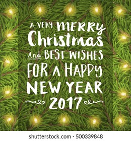 Merry christmas hand drawing text on twig background with light bulb. Vector greeting card for print or banner.