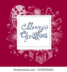 merry Christmas, hand drawing, vector, gift, fir cone, snowflake, white outline on red background