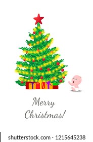 Merry Christmas hand drawing vector postcard. Christmas tree, gifts, balls, garland and baby. Cartoon style design