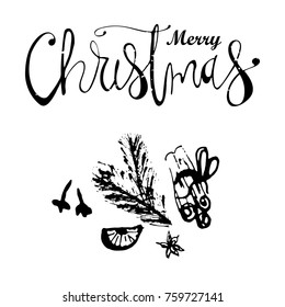 Merry Christmas Hand Drawn abstract universal background with hand lettering and sketched doodle of different  xmas spices, kitchen herbs, citrus and xmas pine branches. Holiday vector illustration 
