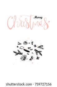 Merry Christmas Hand Drawn abstract universal background with hand lettering and sketched doodle of different  xmas spices, kitchen herbs, citrus and xmas pine branches. Holiday vector illustration 