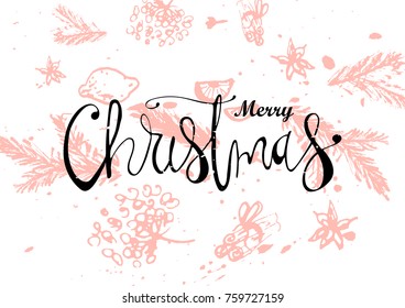 Merry Christmas Hand Drawn abstract universal background with hand lettering and sketched doodle of different  xmas spices, kitchen herbs, citrus and xmas pine branches. Holiday vector illustration 