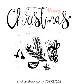 Merry Christmas Hand Drawn abstract universal background with hand lettering and sketched doodle of different  xmas spices, kitchen herbs, citrus and xmas pine branches. Holiday vector illustration 