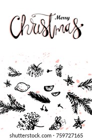 Merry Christmas Hand Drawn abstract universal background with hand lettering and sketched doodle of different  xmas spices, kitchen herbs, citrus and xmas pine branches. Holiday vector illustration 