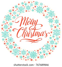 Merry Christmas, hand drawn background, snowflakes, winter fir branches wreath, vector template for greeting card, invitation, poster.