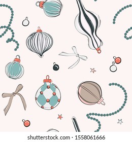 Merry Christmas hand drawn beige card with New Year pastel bauble balls and stars, bows in green red traditional color. Vector sketch illustration, pattern card design