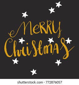 Merry Christmas hand drawn brush lettering isolated and simple flat illustration of stars. Invitation greeting card concept idea.