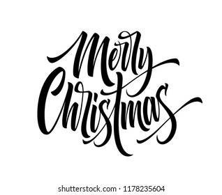 Merry Christmas hand drawn calligraphy. Xmas ink lettering. Black calligraphy on white background. Merry Christmas lettering. Banner, poster,postcard design. Isolated vector illustration