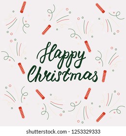 Merry Christmas hand drawn calligraphy lettering on pattern background. Vector line typography for greeting card design of festive quote Christmas Holiday text
