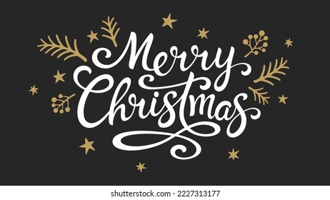 Merry Christmas hand drawn calligraphy lettering with golden stars, branches and berries on dark background. Lettering inscription for Holiday greeting card, postcard, poster, banner