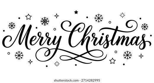 Merry Christmas hand drawn calligraphy lettering vector with cute decorated star pine tree icon; holiday typography for greeting cards, t-shirts, and posters. Merry Christmas hand lettering calligraph