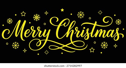 Merry Christmas hand drawn calligraphy lettering vector with cute decorated star pine tree icon; holiday typography for greeting cards, t-shirts, and posters. Merry Christmas hand lettering calligraph