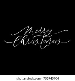 Merry Christmas hand drawn calligraphy text of modern lettering for greeting card design. Vector festive calligraphic trendy typography for Christmas winter holiday quote on black background.