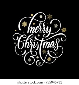 Merry Christmas hand drawn calligraphy lettering on golden snowflake ornament pattern background. Vector flourish typography for greeting card design of festive quote Christmas holiday text.