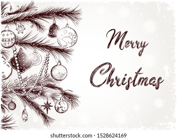 Merry Christmas hand drawn Card with fir-tree, baubles, and text.