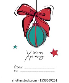 Merry Christmas hand drawn card with New Year bauble balls and stars in green red traditional color. Vector sketch illustration, greeting card design