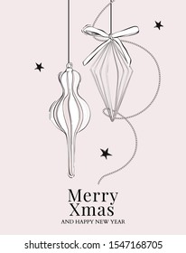 Merry Christmas hand drawn card with New Year soft rose pink bauble balls and stars, bows and geometric shapes. Vector sketch illustration, greeting card design.