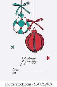 Merry Christmas hand drawn card with New Year bauble balls and stars, bows in green red traditional color. Vector sketch illustration, greeting card design svg