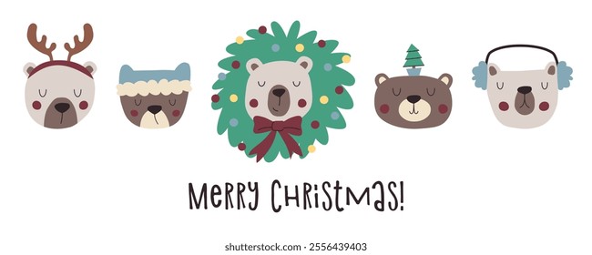 Merry Christmas hand drawn card with cute bears. Festive greeting card with bears in Christmas accessories.