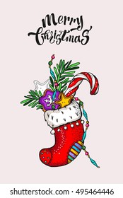 Merry Christmas hand drawn card. Christmas gifts in a sock. Candy, fir branch, Christmas cookies.