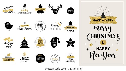 Merry Christmas hand drawn cards, illustrations and icons, lettering design collection