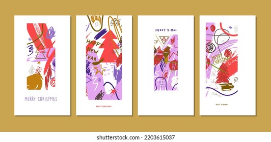 Merry Christmas hand drawn collection of Christmas cards. Trendy abstract art vector illustration. Invitation, greetings cards, gifts cards.
