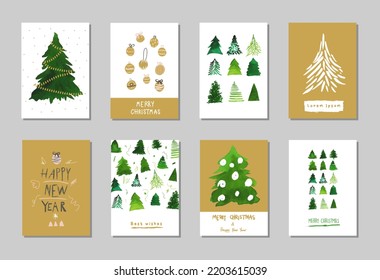 Merry Christmas hand drawn collection of Christmas cards. Trendy watercolor vector illustration. Christmas tree. Invitation, greetings cards, gifts cards.