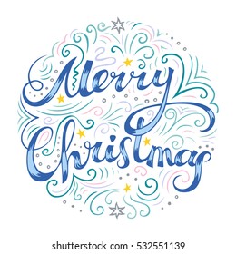 Merry Christmas. Hand drawn creative typography. Freehand lettering and line art drawing. Colorful design for greeting card or poster. Vector illustration.