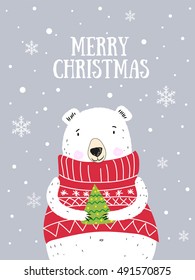 Merry Christmas! Hand drawn cute vector illustration white bear. Christmas greeting card. Polar bear and snow.