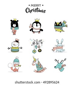 Merry Christmas hand drawn cute doodles, stickers, illustrations. Penguin, bear, owl, deer and unicorn