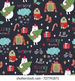 Merry Christmas. Hand drawn cute winter elements. Colored graphic vector seamless pattern