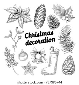 Merry Christmas Hand Drawn Decoration Doodle with Fir Branches, Sock with Candies and Cones Outlined. Vector illustration
