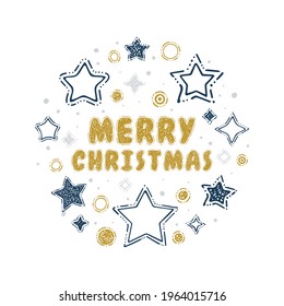 Merry Christmas! Hand drawn different stars, circles and dots illustration. Abstract background with outline drawing stars. Part of set.