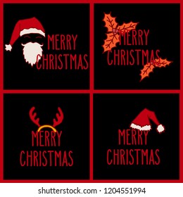 Merry Christmas hand drawn doodle greeting cards set with hand written holiday words. Vector illustration in red and orange over black background. 