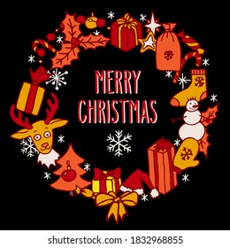Merry Christmas hand drawn doodle wreath with greetings. Santa hat, tree, reindeer, snowman, snowflakes, gifts, decorations and holly.