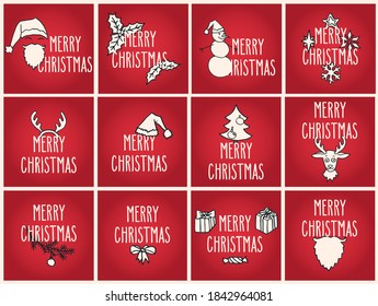 Merry Christmas hand drawn doodle greeting cards set. Vector winter holidays illustration over red background. 