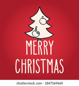 Merry Christmas hand drawn doodle greeting card with spruce tree. Vector winter holidays illustration over red background. 