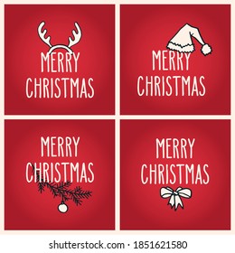 Merry Christmas hand drawn doodle greeting cards set. Vector winter holidays illustration over red background. 