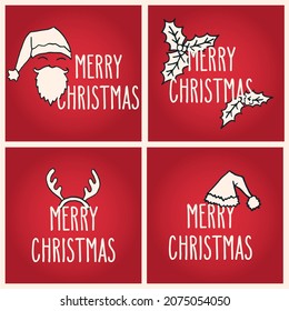Merry Christmas hand drawn doodle greeting cards set. Vector winter holidays illustration over red background. 